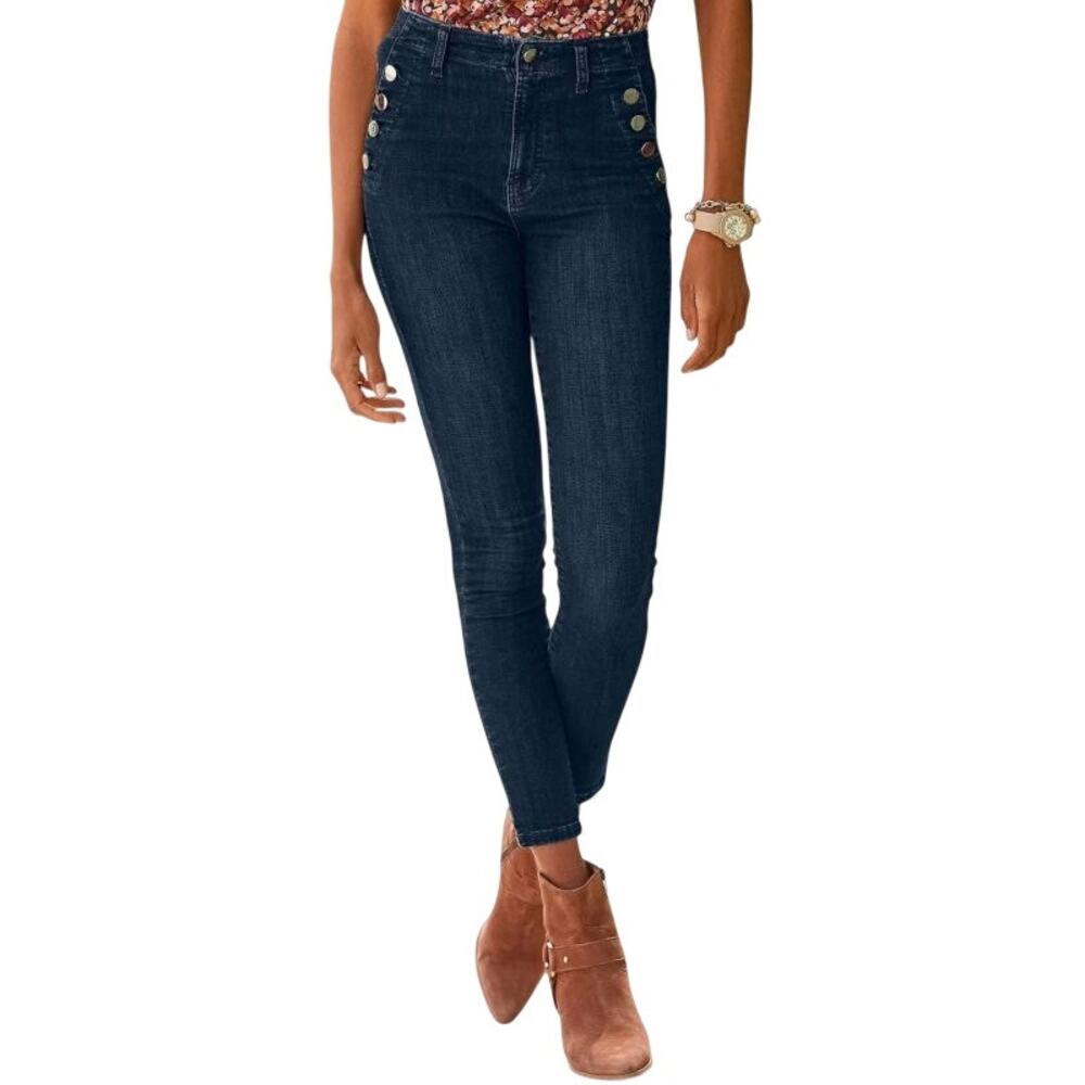 Lascana Dark Wash Gold Button Embellished High-Rise Ankle Jeans 6